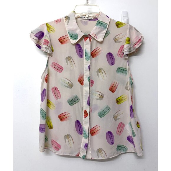 Alice + Olivia Eli Flutter Sleeve Shirt Blouse Silk Sunday Macaroons Macaron M - Picture 2 of 15